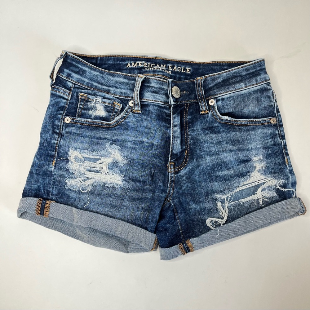 AMERICAN EAGLE Distressed Midi Dark Wash Rolled Cuff Denim Jean Stretch Shorts